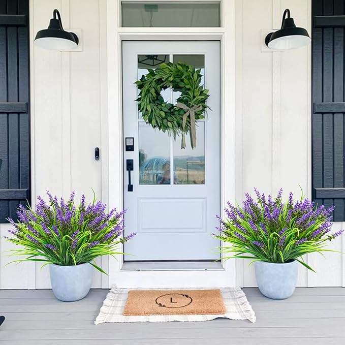 12 Bundles Artificial Plants Outdoor, 18.2" UV Resistant Faux Monkey Grass Greenery Stems No Fade Faux Plastic Flowers Shrubs for Home Weddings Garden Porch Front Patio Office Decor - Purple