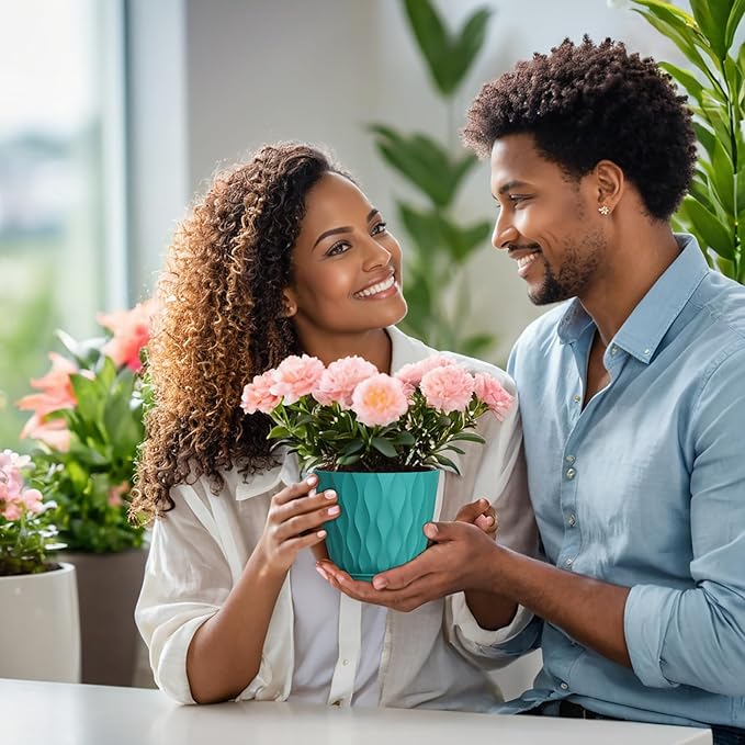 5 inch Plant Pots for Indoor Outdoor Plants, 6 Pack Flower Pots with Drainage Holes and Saucers, 3D Modern Wave Texture Small Plastic Planter Pots for Nursery and House Plants, Blue Green