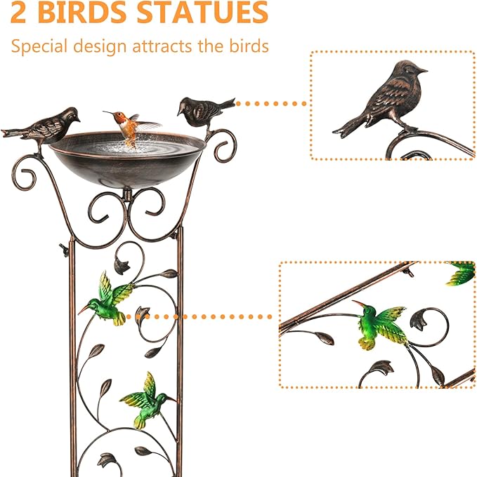 SUNNYPARK Antique Garden Iron Trellis with Decorative Hummingbirds Detachable Bird Bath Bowl Metal Potted Plant Support for Climbing Flowers