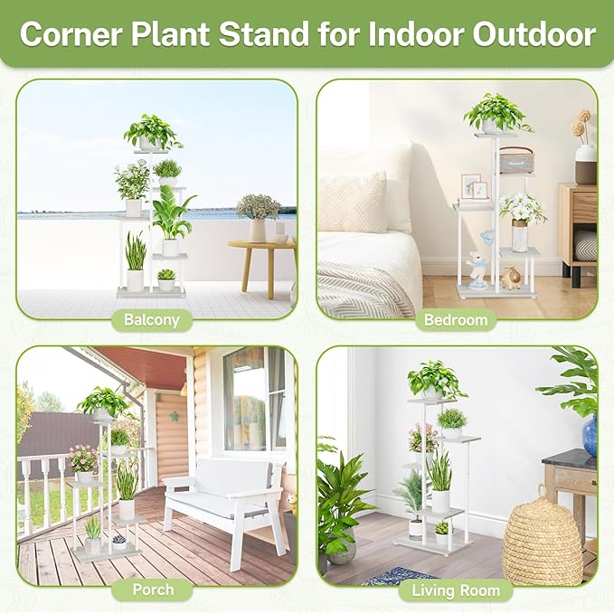 iDavosic.ly 5 Tier Plant Stand Indoor, Tiered Corner Plant Shelf for Multiple Plants, Metal Wood Tall Plant Display Rack Flower Holder for Patio Porch Garden Balcony Bedroom, White