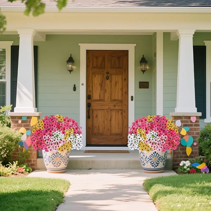 14 Bundles Artificial Flowers UV Resistant for Patio Outdoors Fake Faux Silk Plants Realistic Plastic Flowers Indoors Porch Window Home Decoration (14, Mixed Fuchsia Yellow Pink White)