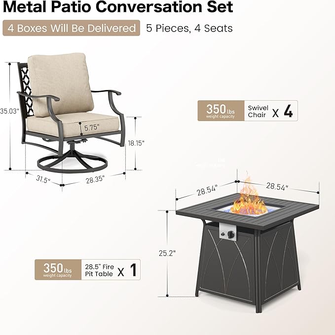 Patio Furniture Set with Firepit Table, 5 Piece Metal Outdoor Patio Furniture set for 4, 4 Swivel Chairs with 5.75" Extra Thick Cushion and Gas Firepit Table for Backyard Poolside Deck