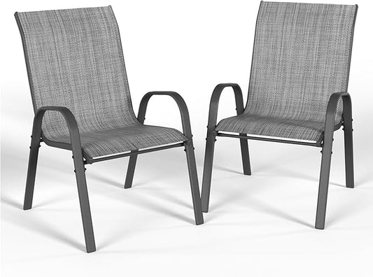 Patio Dining Chairs Set of 2, Outdoor High Stacking Chairs for All Weather, Breathable Seat Fabric and Alloy Steel Frame for Backyard, Porch, Garden (Grey)
