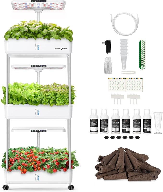 Ahopegarden Indoor Garden Hydroponics Growing System Kit: 66 Pods Plant Herb Garden Germination Kit with LED Grow Light, 30L Large Capacity Kitchen Hydroponics Planter Grower for Vegetable Fruit