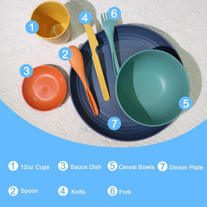 Wrova Wheat straw plates and bowls sets with cutlery - Unbreakable wheat straw dinnerware sets of 28 - Microwave safe plates,bowls,cups for camping,kitchen,new apartment.Colorful