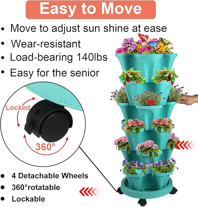 Vertical Planter, 6 Tier Stackable Strawberry Planter with Garden Tool Set, Movable Indoor/Outdoor Garden Herb Pot for Growing Vegetables and Succulents, Teal