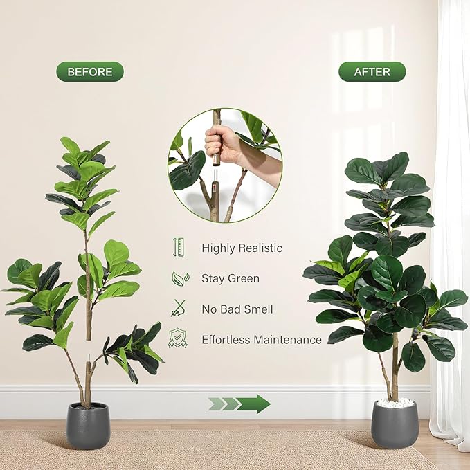 4FT Fiddle Leaf Fig Tree Artificial with 48 Leaves - Realistic Faux Ficus Lyrata Trees in 7.8" Grey Planter Pot, Indoor Fake Floor Plants for Home Office Living Room Decor, Housewarming Gift