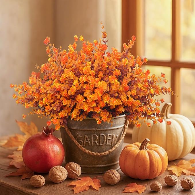 Artificial Mums for Outdoors, 12 Bundles Faux Mums for Fall Planters,Uv Resistant Eucalyptus Artificial Fake Flowers Plants, Realistic Fall Decor for Porch, Patio, Yard (Fall Stems)