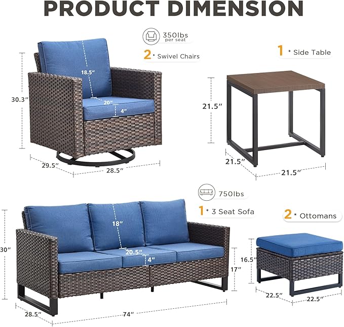 6 Pieces Patio Furniture Set-All Weather Outdoor Swivel Rocker Patio Chairs with Deep Seat Sofa Ottomans and Glass Side Table, Outdoor Conversation Sets for Garden Backyard Deck(Brown/Blue)