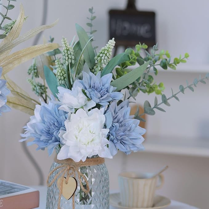 Faux Flowers with Vase,Artificial Silk Flowers in Vase, Fake Plant Eucalyptus and Willow,Flower Arrangement for Home Farmhouse Dining Table Centerpiece Decorations Coffee Table Decor (Dusty Blue)
