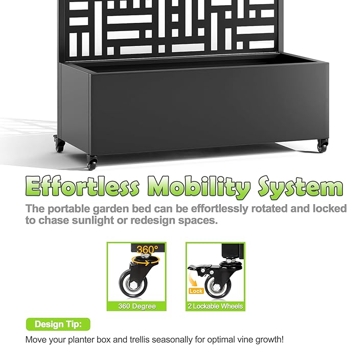 15.7"×70.9"×35.4" Metal Raised Garden Bed with Trellis and Wheels - Tall Trellis Planter Box for Climbing Plants, Vegetables & Vines - Outdoor Privacy Planters for Patio (Black-Helen)