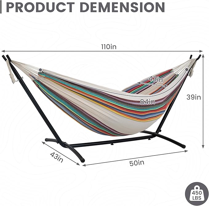 Lazy Daze Hammocks Double Hammock with 9ft Space-Saving Steel Stand Includes Portable Carrying Case, 450 Pounds Capacity (Tan Stripe)