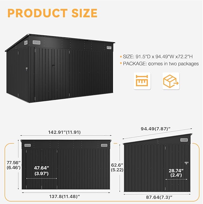 Aoxun 11.5’x7.5’ Shed Outdoor Storage Shed with Triple Lockable Door Metal Storage Cabinet with Slopping Roof for Tools Bicycles Storage for Garden, Patio, Courtyard
