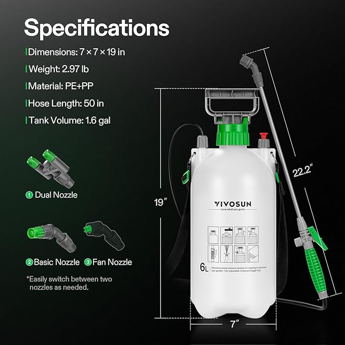 VIVOSUN 1.6 Gal/6L Pump Sprayer, Garden Water Sprayer for Plants, Weeds & Lawn Care, with 3 Nozzles, 50'' Long Hose & Pressure Relief Valve