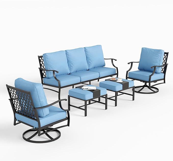 5 Piece Metal Outdoor Patio Furniture Sets, Patio Conversation Sets 1 3-Seater Sofa, 2 Swivel Chairs, 2 Ottomans with 5.75" Thick Cushion, Black All-Weather Backyard Furniture, Blue