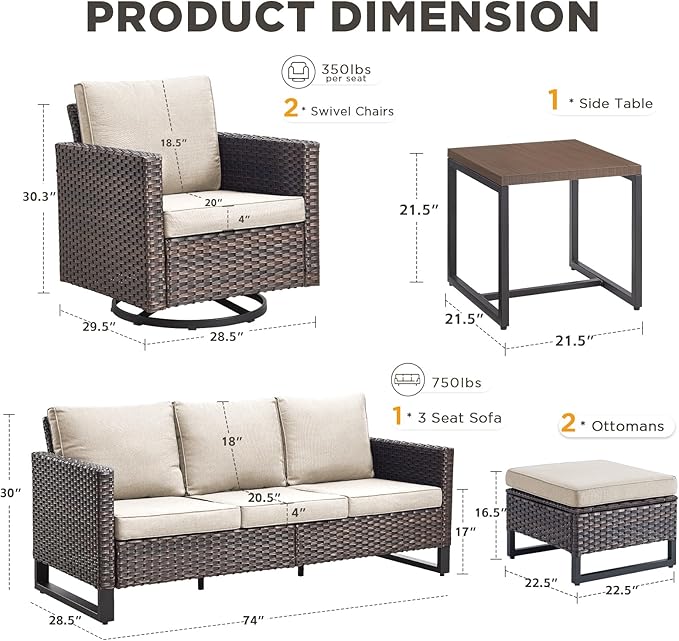 6 Pieces Patio Furniture Set-All Weather Outdoor Swivel Rocker Patio Chairs with Deep Seat Sofa Ottomans and Glass Side Table, Outdoor Conversation Sets for Garden Backyard Deck(Brown/Beige)