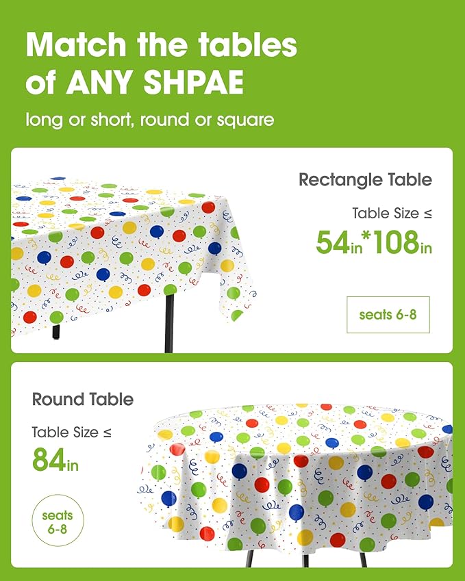 Pureegg Plastic Table Cloth Disposable 8 Pack, 54 x 108 Inch TableCloths, Picnic, Happy Birthday Decorations for Girls Boys, Baby Shower Party, Rectangle, Plastic Cover, Leakproof & Sturdy, Birthday