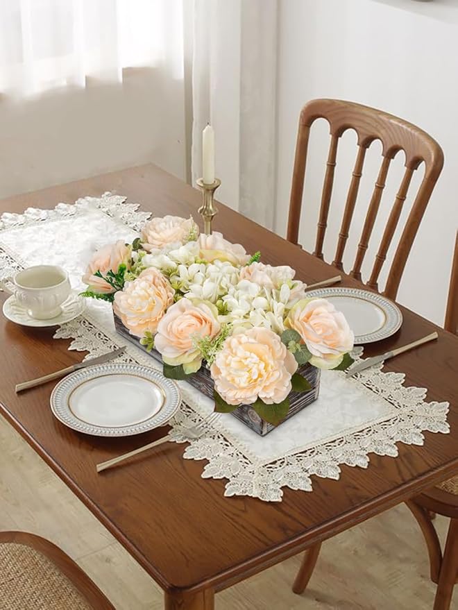 DILATATA Flower Arrangement with Wooden Vase 14" Artificial Flowers in Pot - Fake Flowers Roses Peonies Hydrangeas in Wooden Vase Potted Flower Centerpieces for Table Decor Living Room - Pale Yellow