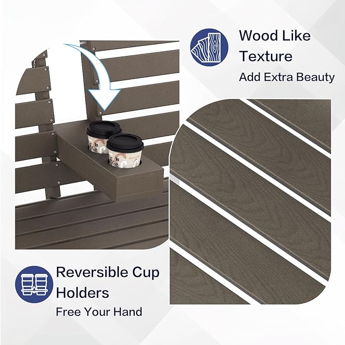 Outdoor Bench Weatherproof - HDPE 2-Person Garden Bench with Cup Holders, Bench Furniture with Backrest and Armrests, 700 lbs Capacity, Patio Park Bench for Front Porch Backyard Park (Brown)