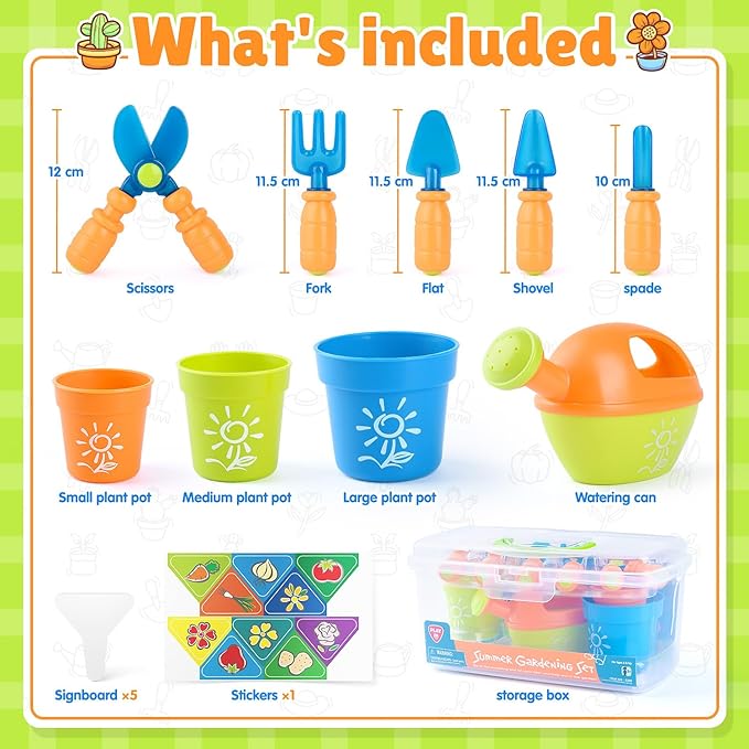 Kids Gardening Set, Garden Tool Set for Kids, Gardening Tools Kit with Shovel, Fork, Spade, Scissors, Flower Pot, Watering Can and Storage Box, Summer Outdoor Toys for Toddlers Boys Girls Gift