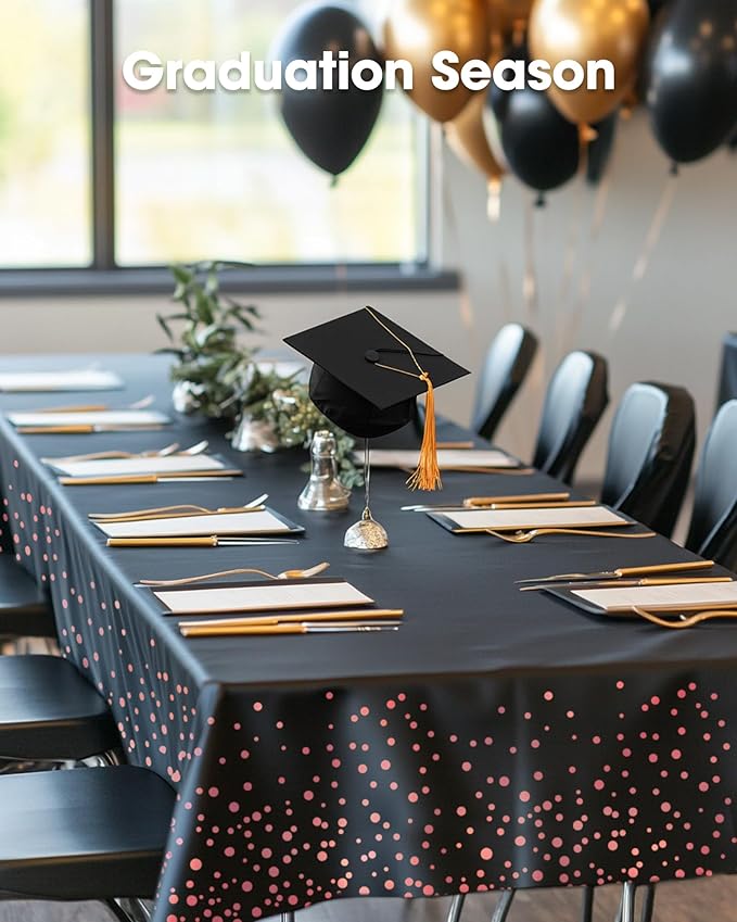 Pureegg Plastic Table Cloth Disposable 8 Pack, 54 x 108 Inch Table Cloths, Graduation Decorations of 2025, Graduation Tablecloths, Rectangle, Plastic Cover, Leakproof & Sturdy, Black and Rose Gold