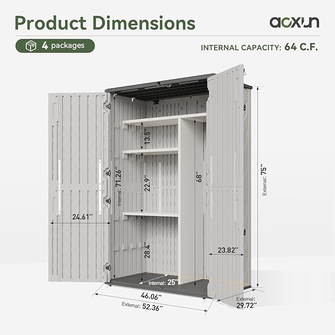 Aoxun Outdoor Resin Storage Shed with Metal Shelving Kit & Floor, 64 Cu.Ft Vertical Waterproof Storage Cabinet for Garage, Pool, Bike, Garden Tools, Patio Furniture (White)
