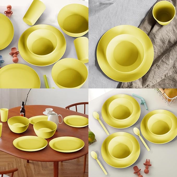 24pcs Wheat Straw Dinnerware Sets, Wheat Straw Plates and Bowls Sets for 4 Microwave Dishwasher Safe Lightweight （Yellow）