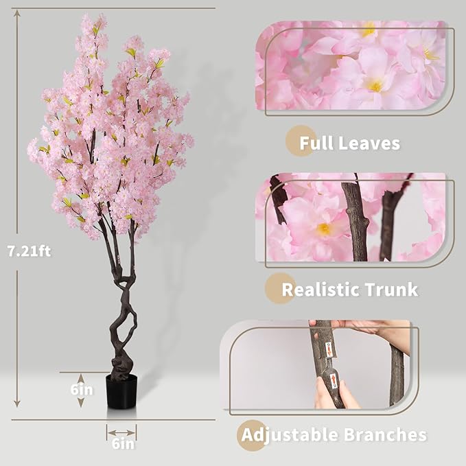 Artificial Pink Cherry Blossom Tree,7ft(84in) Faux Japanese Sakura Indoor Decoration,Natural Fake Cherry Floral Tree Outdoor Decor,Realistic Silk Pink Flowers for Living Room,Office,Wedding Party
