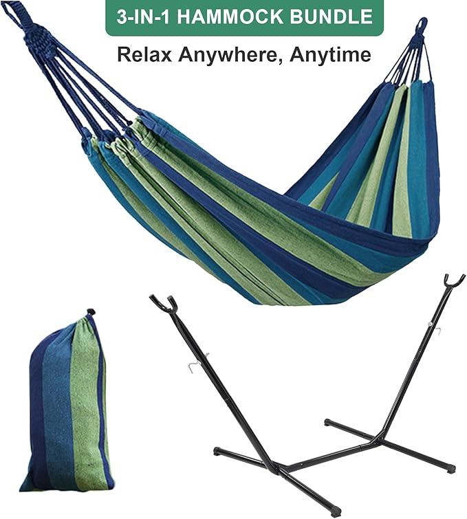 Hammock with Stand for Outside,600lb Weight Capacity 3-in-1 Adjustable Height Portable Hammock for Outdoor&Indoor Camping Backyard Bedroom(Hammock, Stand & Carry Bag)