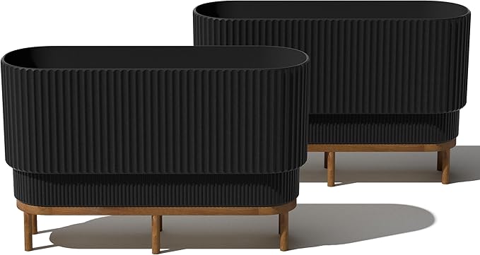 Veradek Demi Series Raised Long Planter for Indoor/Outdoor Use | Made from Plastic & Stone w/Wooden Stand | Modern Patio Décor for Flowers/Shrubs