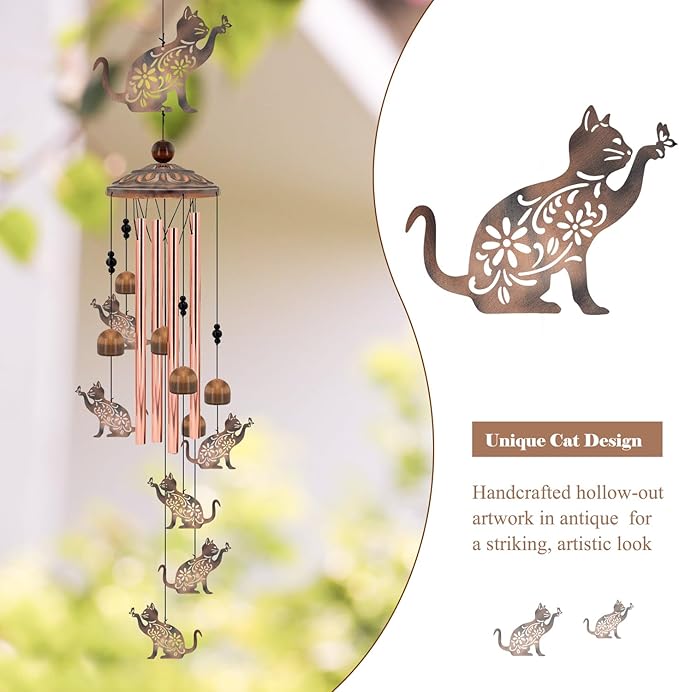 Cat Wind Chimes for Outside, 35'' Metal Cat WindChimes Gifts for Women/Men, Decoration for Outdoor, Home, Garden, Patio, Backyard