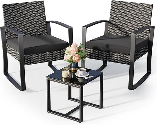 3 Pieces Patio Furniture Set Rocking Bistro Set, Outdoor Patio Furniture Set with Coffee Table for Garden Balcony Backyard Poolside (Black Cushion)