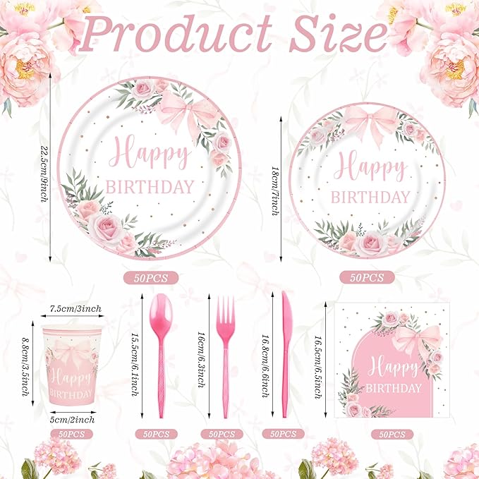 350 Pcs Coquette Pink Bow Happy Birthday Paper Plate Cute Disposable Tableware Set With Knives Fork Napinks for Baby Shower Birthday Party Favor Supplies Decorations Serves 50 Guests