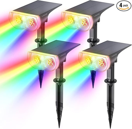Linkind RGB Halloween Solar Lights Outdoor Waterproof IP67 StarRay Color Changing Spot Lights Outdoor for Yard Garden Pathway Holiday Christmas Decorations (Multicolor, 4 Pack)