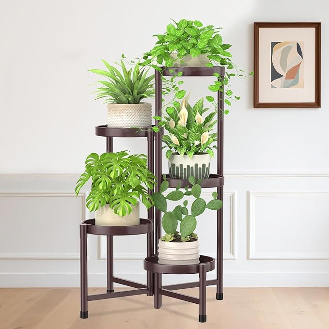 iDavosic.ly Plant Stand Indoor Outdoor, 5 Tier Corner Metal Flower Display Holder Shelf, Folding Tall Orchid Rack for Patio Balcony Porch Garden Living Room House, Violet Bronze