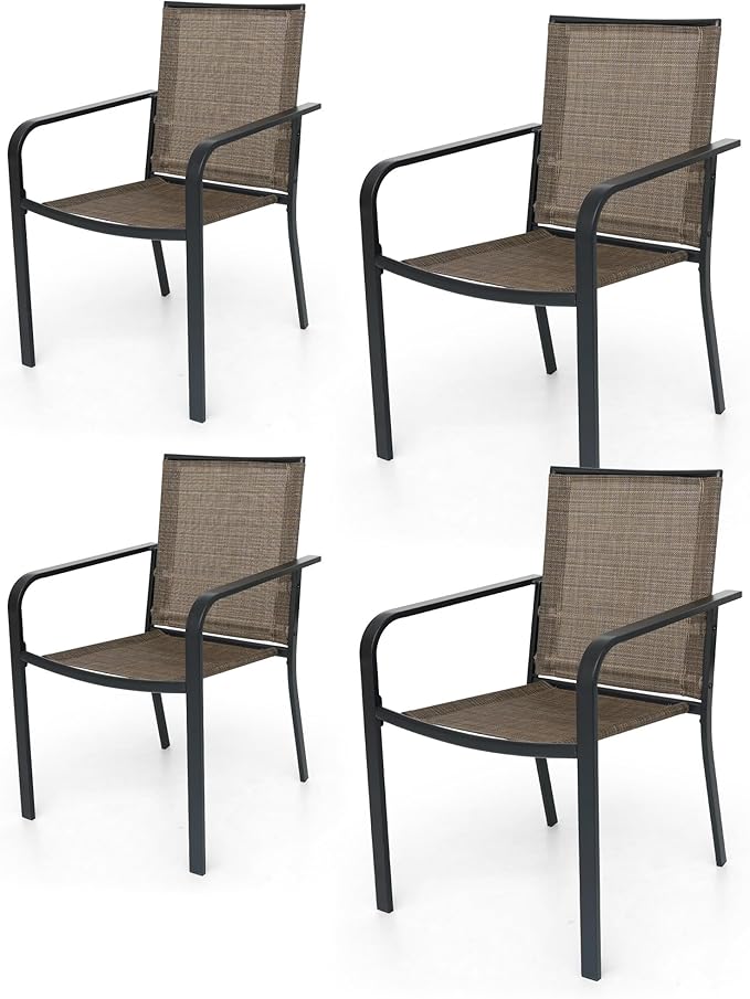 Patio Dining Chairs Set of 4, Outdoor Stackable Dining Furniture Set, All Weather Dining Set for Lawn, Garden, Backyard, Poolside, Brown