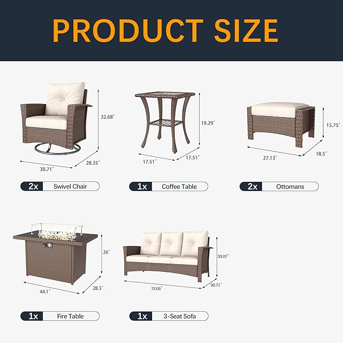 7 Pieces Outdoor Patio Furniture Set with Fire Pit Table, Wicker Patio Sectional Set Conversation Wicker Swivel Chairs with Small Side Table