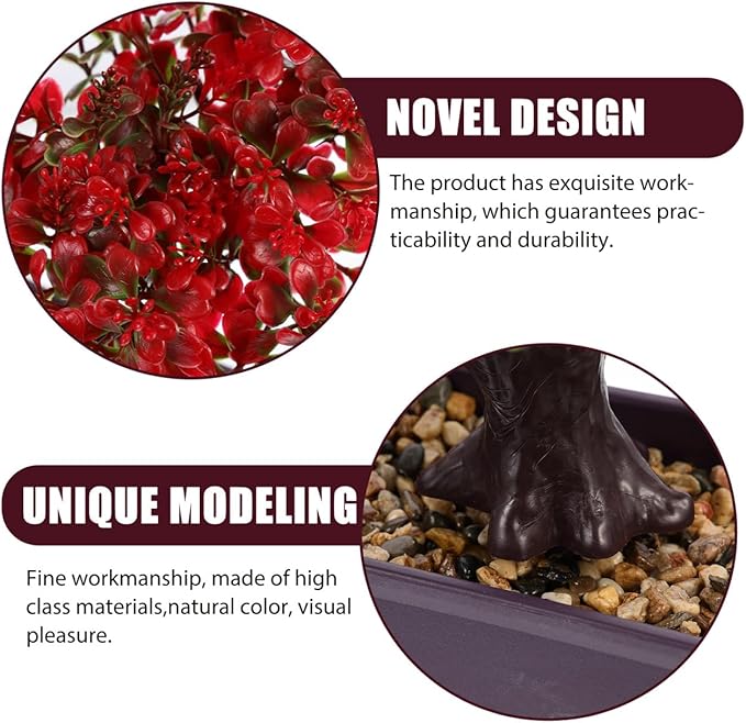EXCEART Artificial Bonsai Plant Red Plastic Potted Decor for Desktop Wedding Table Centerpiece Home Office Decoration