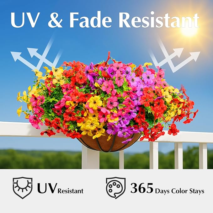 Artificial Flowers for Outdoors, 12 Bundles Outdoor Faux Plants,Uv Resistant Artificial Fake Flowers Plants, Realistic Spring Decor for Porch, Patio, Yard (RedYellowPurple)