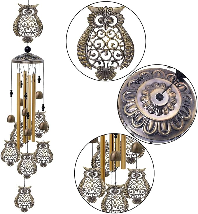 Garden Owl Wind Chimes Outdoor Indoor Decor - with 4 Tubes 6 Bells 7 Owls 36In Waterproof Mobile Romantic Windchimes, Owls Wind Catcher for Home, Xmas Mom Gifts, Balcony, Festival, Garden Decoration