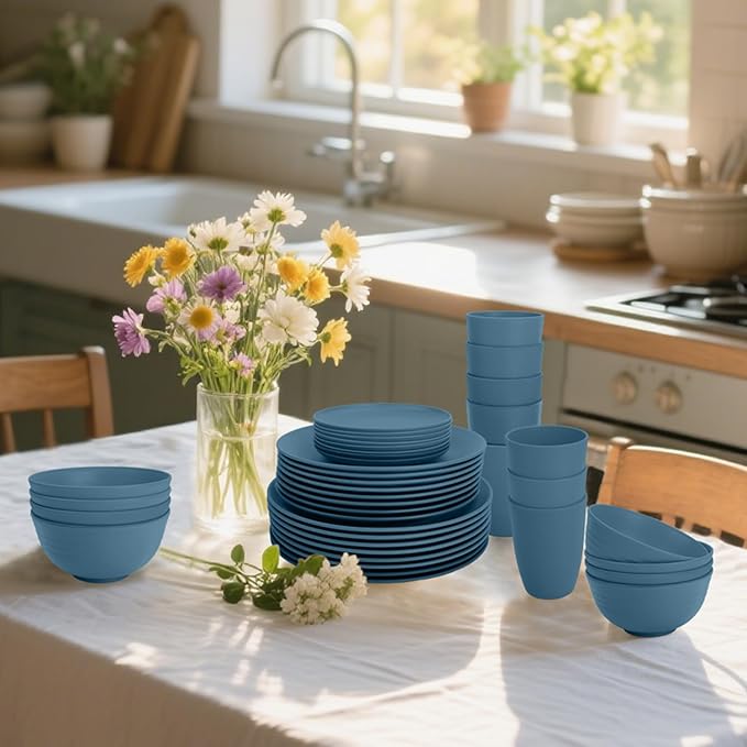 Wheat Straw Dishes Set 40 PCS, Unbreakable Dinnerware Set of 8 - Dinner Plates, Cereal Bowls, Water Cup, Lightweight, Reusable, Microwave & Dishwasher Safe Bowls for Kitchen and Outdoor - Blue