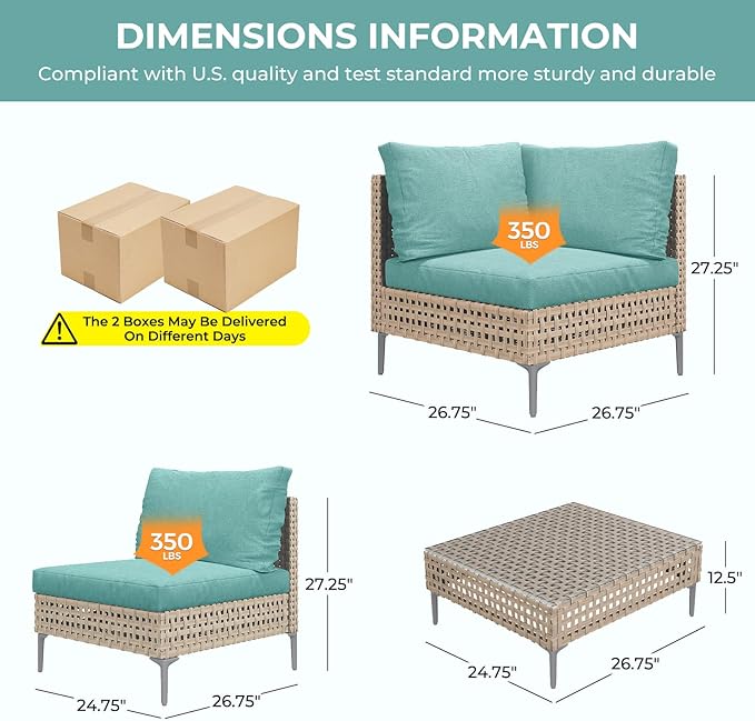 Grand patio 7-Piece Wicker Patio Furniture Set, Boho Outdoor Conversation Set Sectional Sofa with Water Resistant Thick Cushions and Coffee Table, Blue