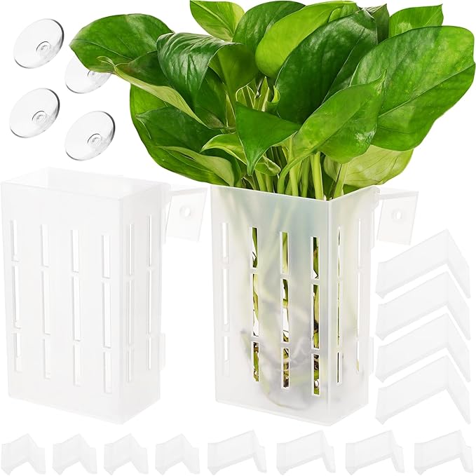Upgraded Large Aquarium Plant Holder with Hooks and Suction Cups for Fish Tank Aquaponic Plant Cultivation and Aquascape Decorations (Semitransparent)