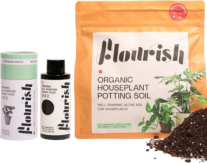 Flourish Plant Organic All-Purpose Plant Food + Organic Houseplant Soil Plant Revive Bundle