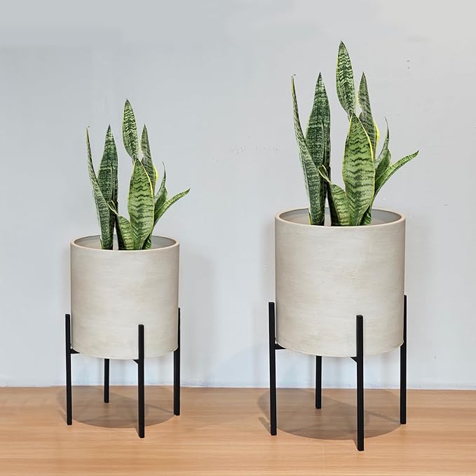 ARNIS Modern Plant Pots, Large Planters with Stand, Set of 2 Decorative Planters, Metal Pots with Drainage Holes for Living Room, Office, Garden or Balcony, 10.5 &12.55 Inch, Dirt