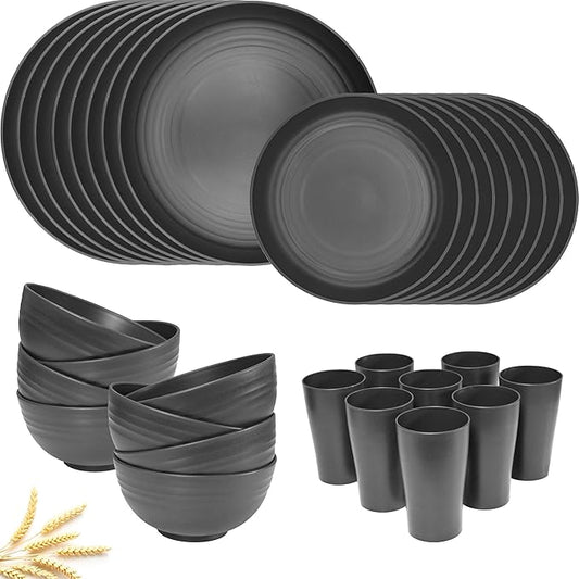 Black Wheat Straw Dinnerware Sets For 8 (32pcs),Unbreakable Dinnerware Set,Dishwasher Safe,Plastic Reusable Lightweight Rv Dishes Cups Plates and Bowls Sets for Camping Kitchen Picnic