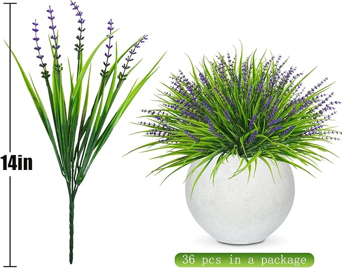 36 Pcs Artificial Flowers for Outdoors, UV Resistant Fake Outdoor Plants Faux Plastic Monkey Greenery Grass for Outside Front Porch Garden Window Box Home Office Planters Desk Decor (Purple)