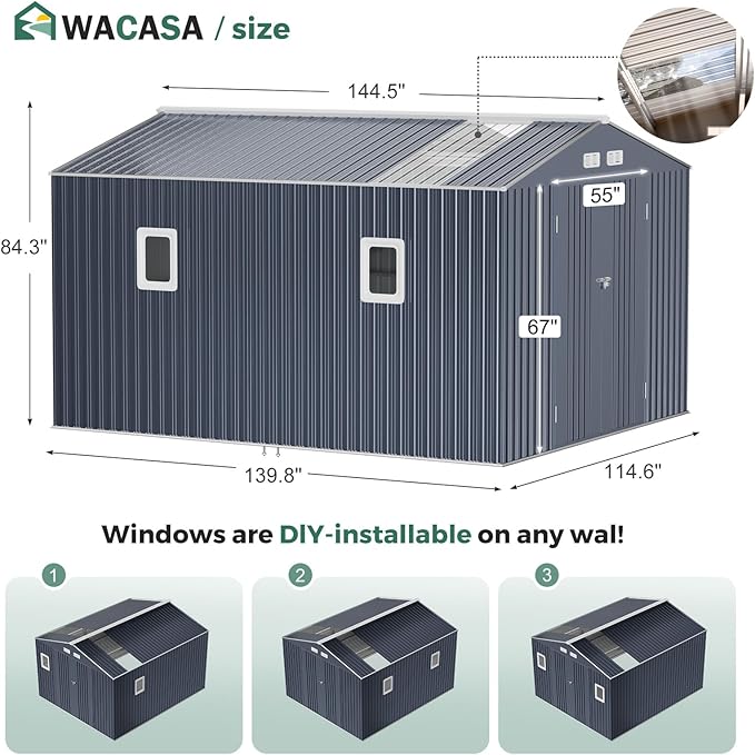 Metal Shed 10x12 Reinforced Sheds Outdoor Storage, Natural Lighting Tool Sheds with Translucent Roof Panels, Windows, and Lockable Doors, Ideal for Garden, Backyard, and Patio