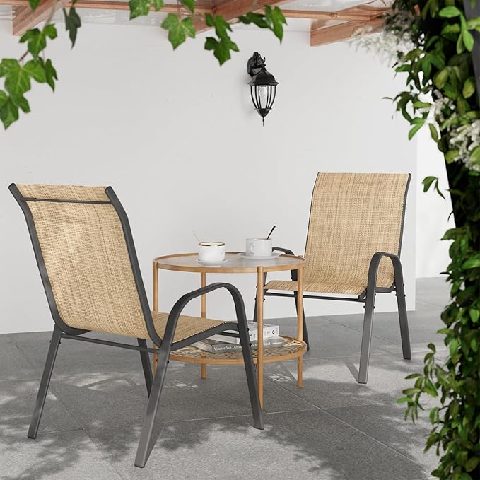 Patio Dining Chairs Set of 4, Stackable Dining Chairs High Back, Breathable Seat Fabric and Alloy Steel Frame Fit Backyard, Porch, Lawn，Poolside (Beige)