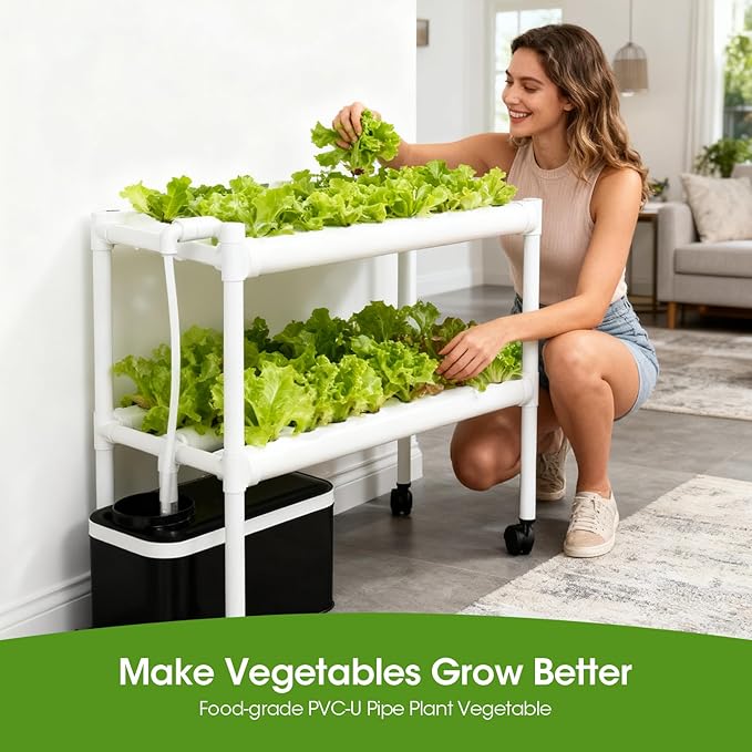 Vertical Hydroponic Growing White, 54 Planting Holes, Water Circulation System, Indoor Outdoor Garden Kit with Timer & Pump